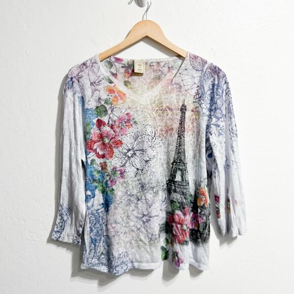 Vintage Jess & Jane Shirt XL Burn Out Sublimation Paris Rhinestones Y2K V Neck - Picture 1 of 8